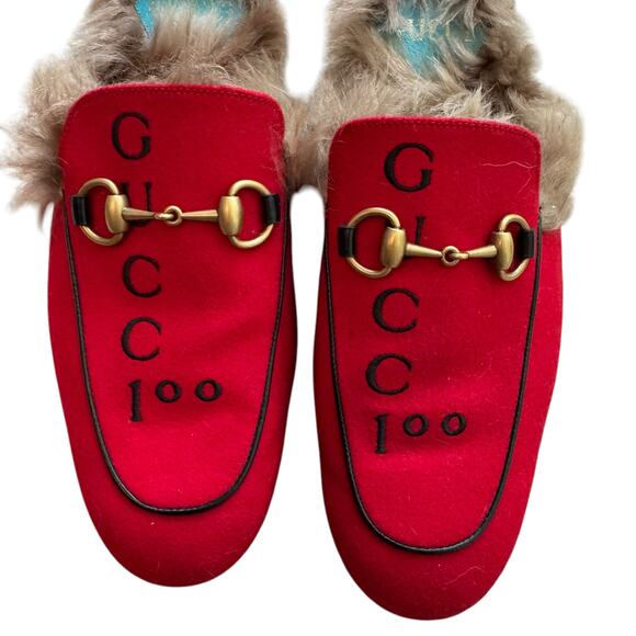 GUCCI Princetwon Horsebit Mule with Fur Gucci 100 Red Size 7 - Picture 2 of 11